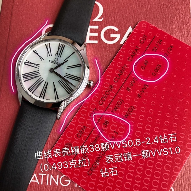 顶级复刻原单手表欧米茄白盘黑带真金真钻蝶飞系列女款石英手表正面图