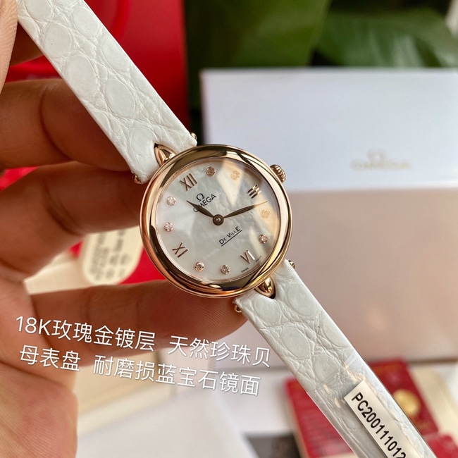 顶级复刻原单手表欧米茄女款白盘真金真钻蝶飞系列石英皮带手表正面图
