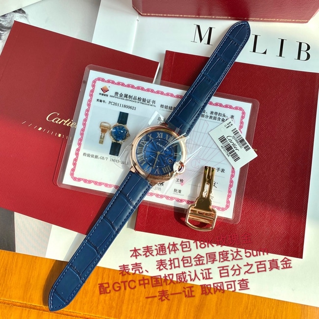 顶级复刻原单手表卡地亚男款蓝盘蓝带蓝气球系列全自动机械皮带手表正面图