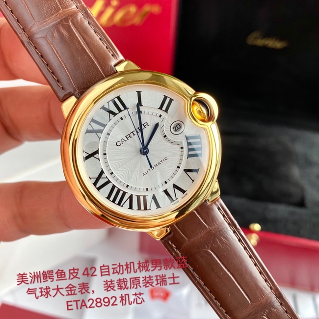 顶级复刻原单手表卡地亚男款白盘棕带蓝气球系列18k玫瑰金自动机械皮带手表正面图