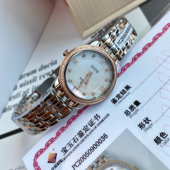 顶级复刻原单手表欧米茄女款白盘真金真钻蝶飞系列石英手表正面图