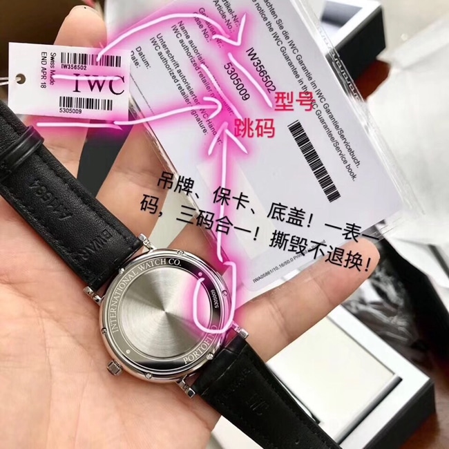 顶级复刻原单手表万国男款黑盘黑带自动机械柏涛菲诺皮带手表底盖图