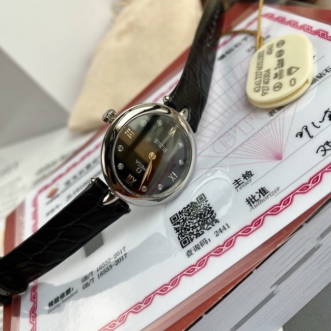 顶级复刻原单手表欧米茄女款黑盘黑带真金真钻石英碟飞系列皮带手表正面图