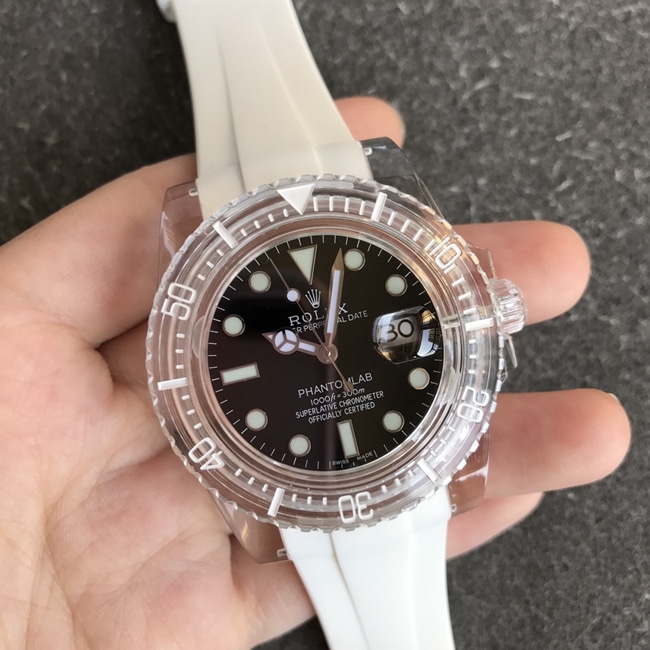 顶级复刻劳力士男款黑盘橡胶带联名力作水晶系列机械手表正面图
