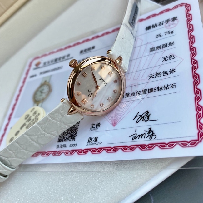 顶级复刻原单手表欧米茄女款白盘真金真钻蝶飞系列石英皮带手表正面图