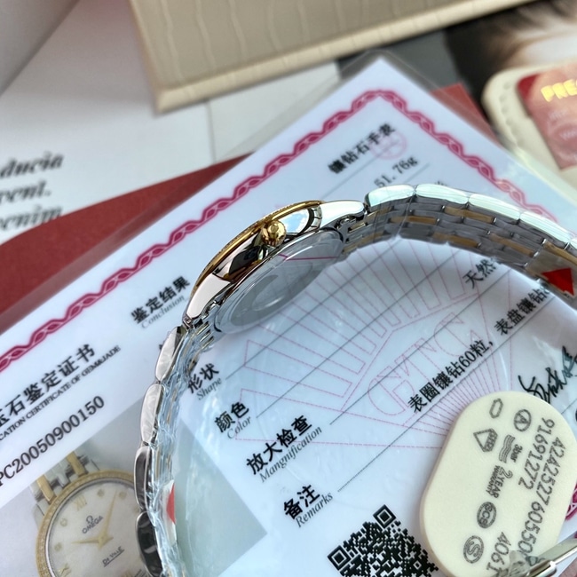 顶级复刻原单手表欧米茄女款白盘间金带真金真钻石英蝶飞典雅系列手表侧面图