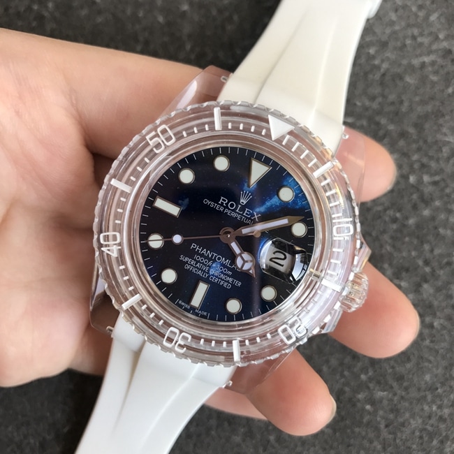 顶级复刻劳力士男款蓝盘橡胶带2021新款水晶系列机械手表正面图