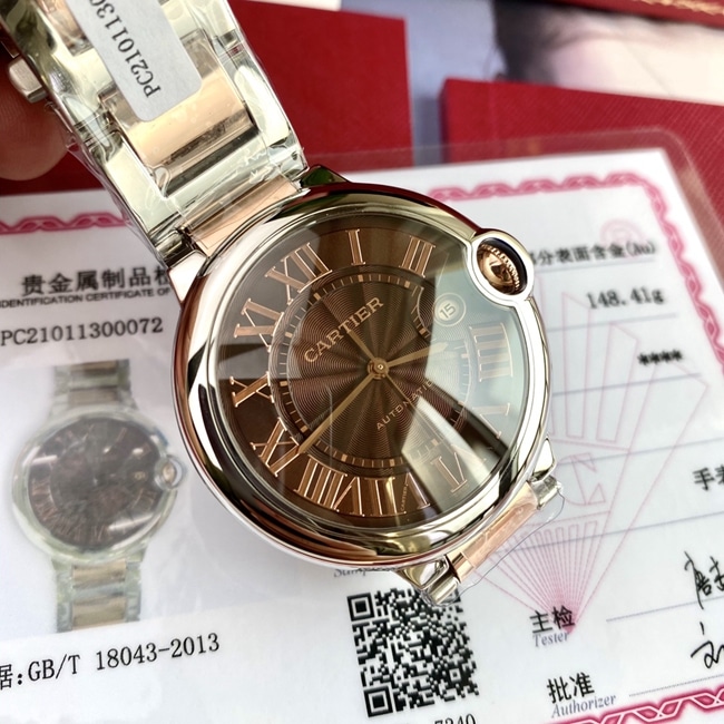 顶级复刻原单手表卡地亚男款棕盘钢带蓝气球系列自动机械手表正面图