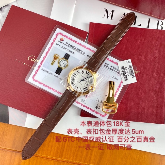 顶级复刻原单手表卡地亚男款白盘棕带蓝气球系列18k玫瑰金自动机械皮带手表正面图