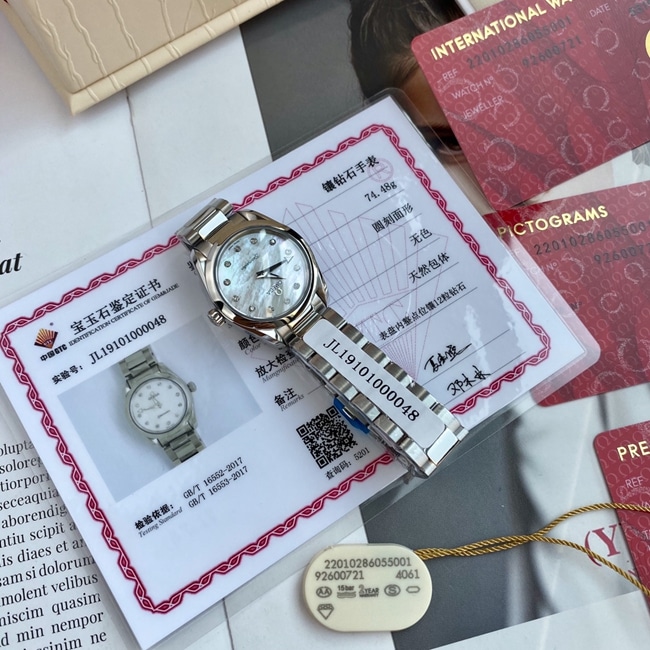 顶级复刻原单手表欧米茄女款蓝盘钢带石英海马系列真金真钻手表正面图