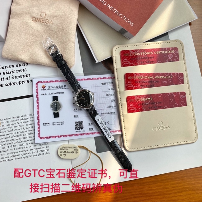 顶级复刻原单手表欧米茄女款黑盘黑带真金真钻石英碟飞系列皮带手表正面图