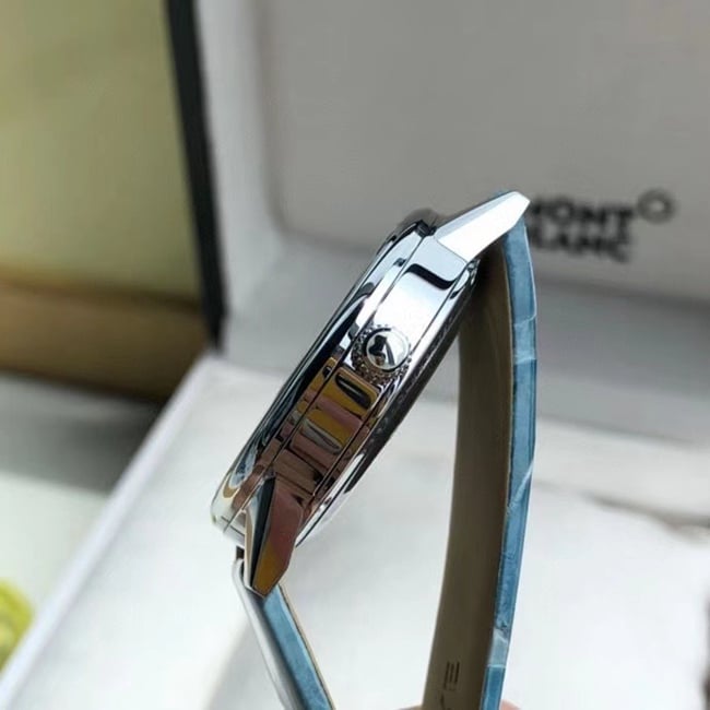 顶级复刻原单手表万宝龙女款白盘蓝带自动机械宝曦系列皮带手表侧面图