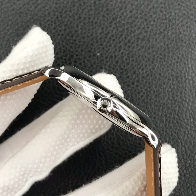 MK厂顶级复刻手表浪琴男款白盘棕带名匠系列自动机械皮带腕表侧面图