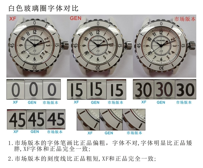 XF香奈儿J12系列陶瓷复刻手表真假对比评测玻璃圈字体对比图