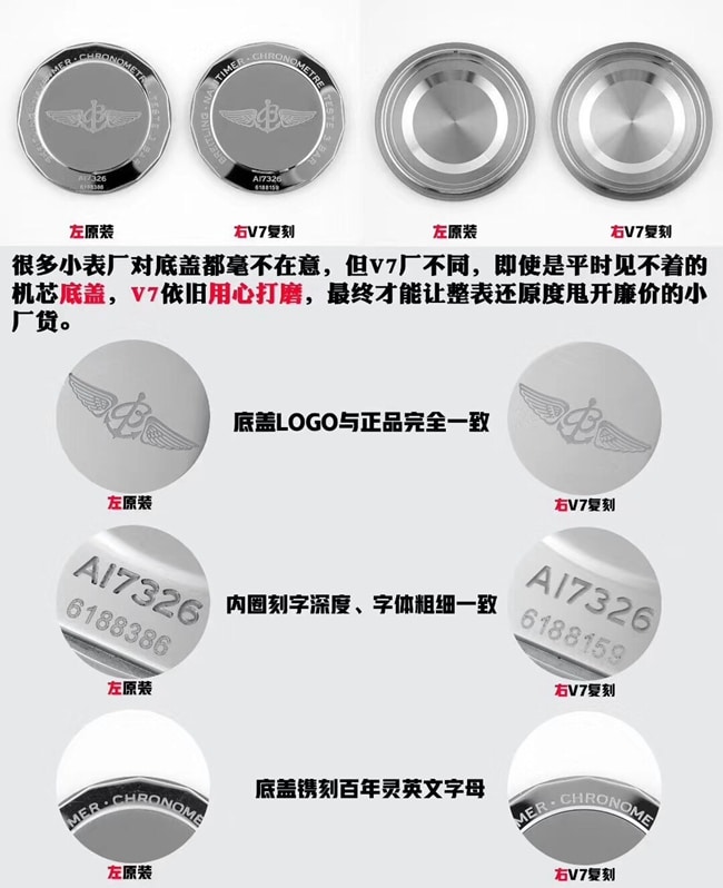 V7厂百年灵航空计时1系列41mm复刻手表真假对比评测底盖细节图