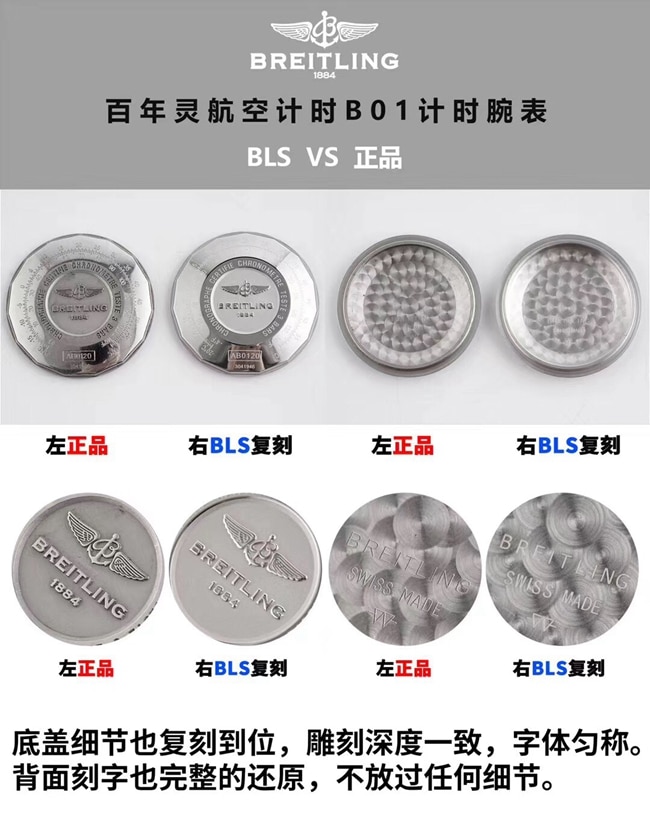 BLS百年灵航空计时B01计时复刻手表真假对比评测底盖细节图