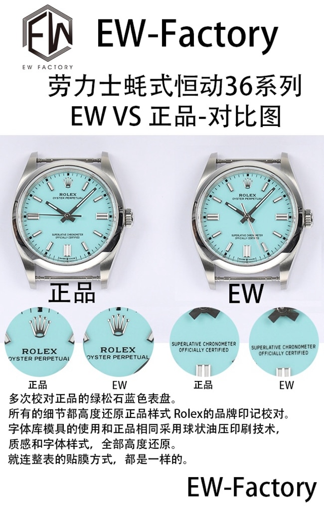 EW劳力士蚝式恒动36系列复刻手表真假对比评测logo对比图
