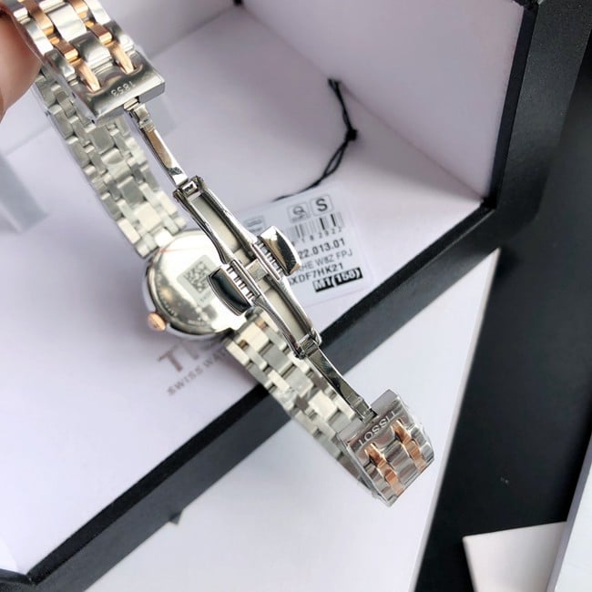 顶级复刻原单天梭手表嘉丽系列女款白盘玫瑰间金带石英手表表扣图