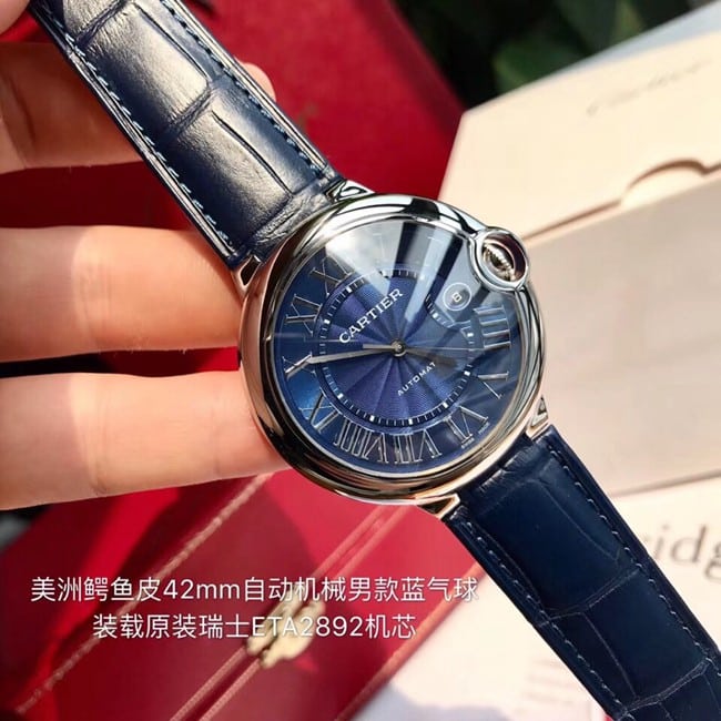 顶级复刻原单手表卡地亚男款蓝盘蓝带蓝气球系列42mm自动机械皮带手表正面图