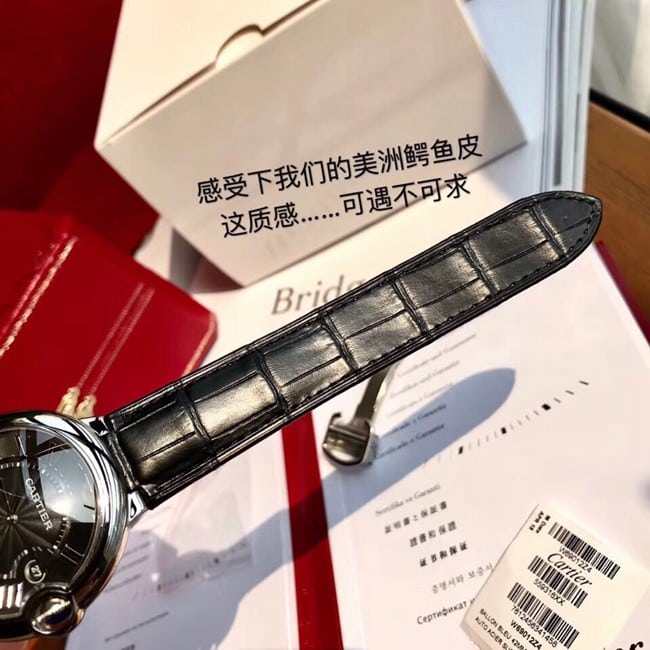 顶级复刻原单手表全自动机械皮带卡地亚男装黑盘黑带蓝气球系列手表表带图