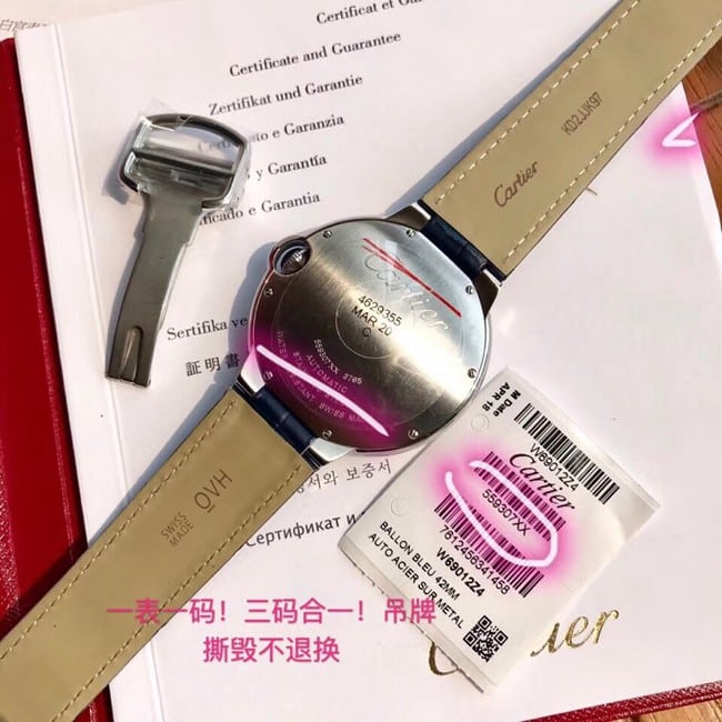 顶级复刻原单手表卡地亚男款蓝盘蓝带蓝气球系列42mm自动机械皮带手表底盖图