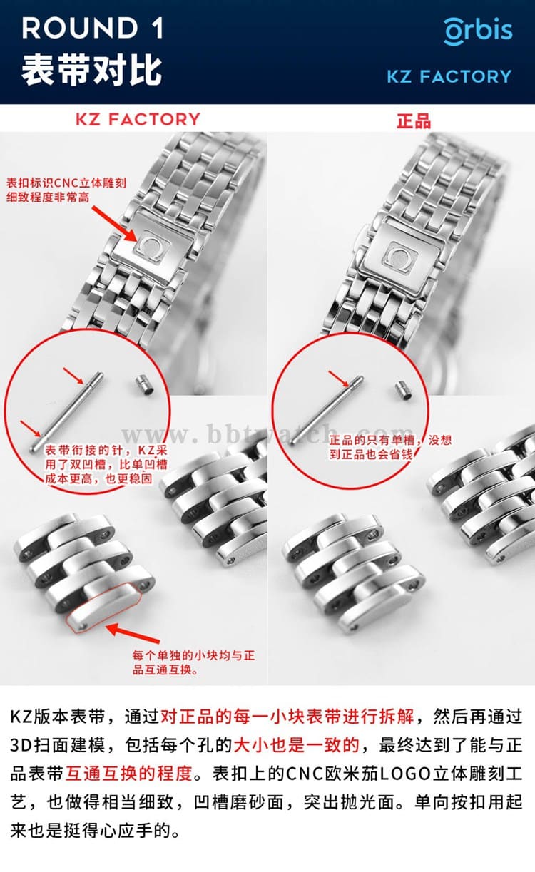 KZ厂欧米茄碟飞奥比斯顶级复刻女表对比正品的评测表带对比图