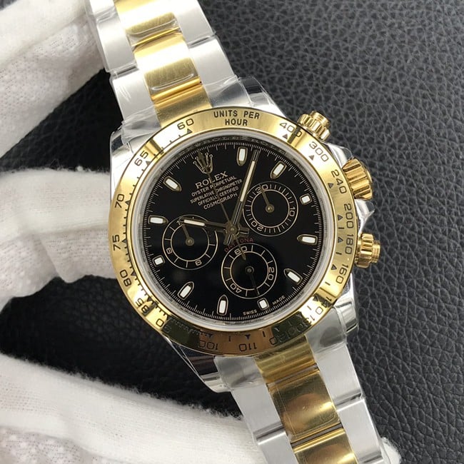顶级复刻手表劳力士宇宙计时迪通拿男士黑盘间金带自动机械手表正面图