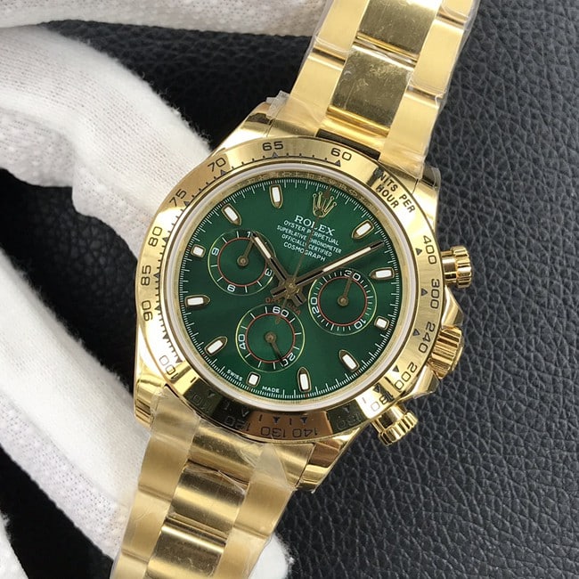 顶级复刻手表劳力士自动机械男装绿盘金带迪通拿系列钢带手表正面图
