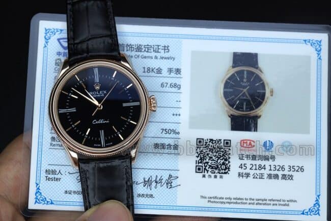 EW厂顶级复刻手表劳力士切利尼m系列50505-0008男士蓝盘黑带18K金表自动机械皮带手表正面图