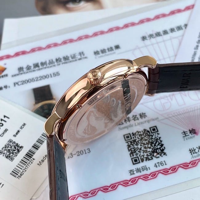 顶级复刻原单万国男款黑盘棕带全自动机械柏涛菲诺皮带侧面图