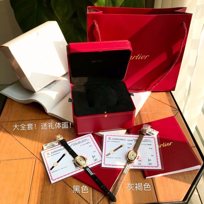 顶级复刻卡地亚高仿女款白盘棕带石英原单手表正面图