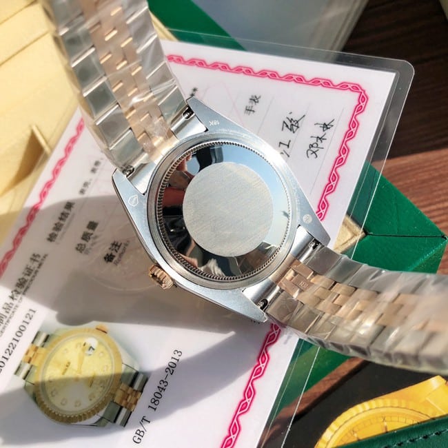 顶级复刻原单劳力士女士手表全自动机械女士金盘间金带日志型系列钢带底盖图