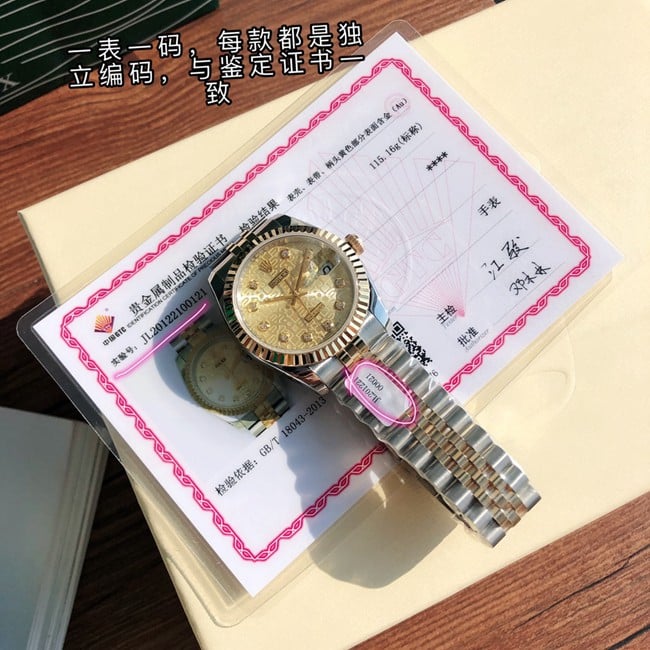 顶级复刻原单劳力士女士手表全自动机械女士金盘间金带日志型系列钢带正面图