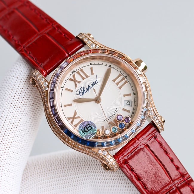 萧邦顶级复刻手表chopard Happy Sport系列全自动机械女装白盘黑带正面图