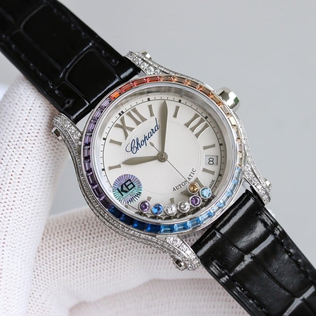 萧邦顶级复刻手表chopard Happy Sport系列全自动机械女装白盘黑带正面图