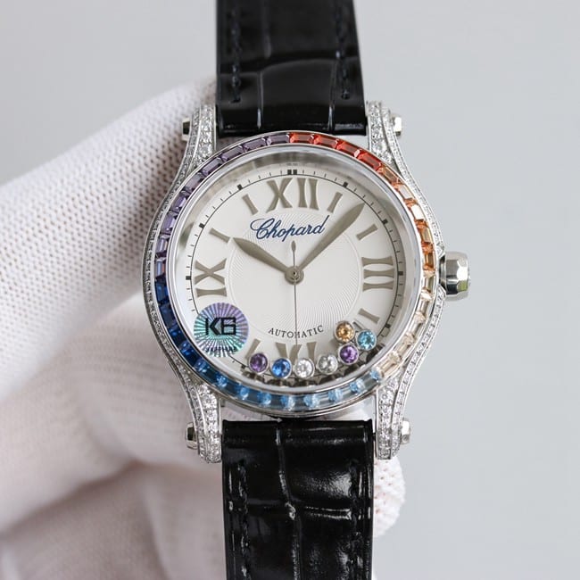 萧邦顶级复刻手表chopard Happy Sport系列全自动机械女装白盘黑带正面图