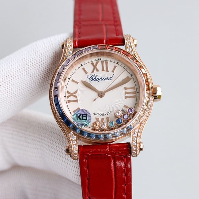 萧邦顶级复刻手表chopard Happy Sport系列全自动机械女装白盘黑带正面图