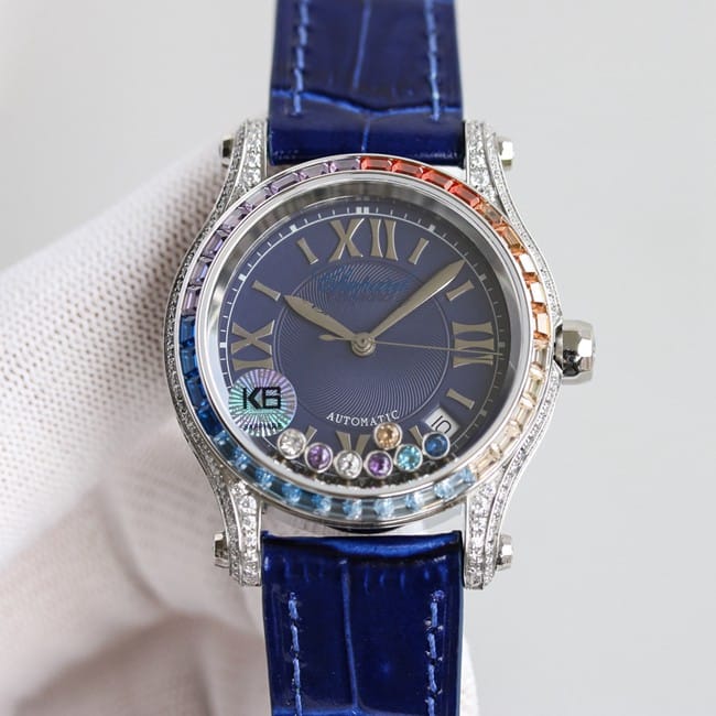顶级复刻萧邦精仿手表女装蓝盘蓝带新款chopard Happy Sport系列机械皮带正面图