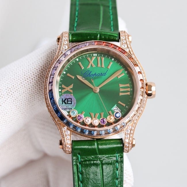 顶级复刻萧邦精仿手表女装蓝盘蓝带新款chopard Happy Sport系列机械皮带正面图