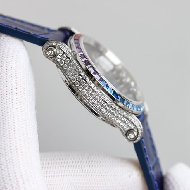 顶级复刻萧邦精仿手表女装蓝盘蓝带新款chopard Happy Sport系列机械皮带侧面图
