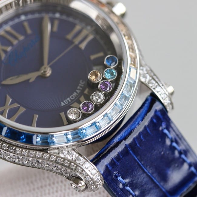 顶级复刻萧邦精仿手表女装蓝盘蓝带新款chopard Happy Sport系列机械皮带细节图