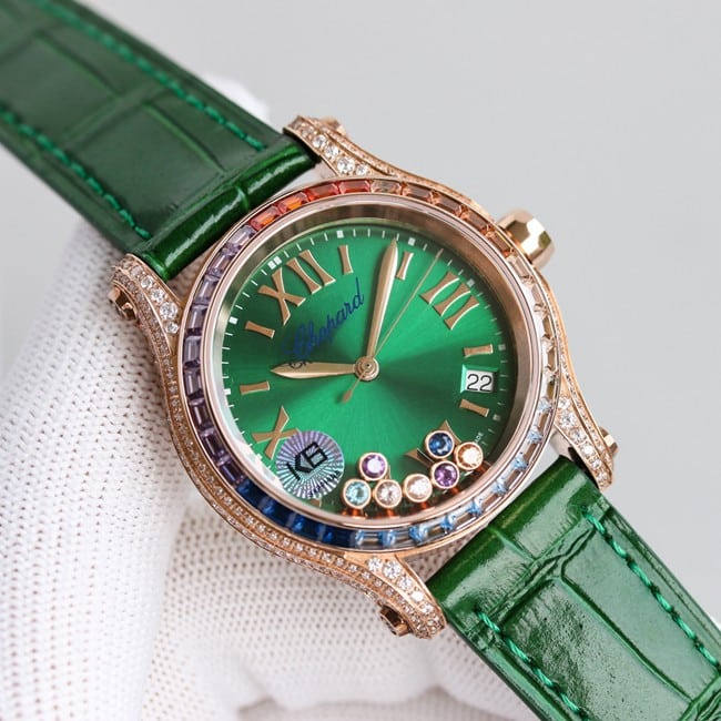 顶级复刻萧邦精仿手表女装蓝盘蓝带新款chopard Happy Sport系列机械皮带正面图