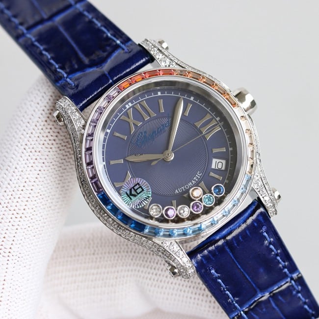 顶级复刻萧邦精仿手表女装蓝盘蓝带新款chopard Happy Sport系列机械皮带正面图