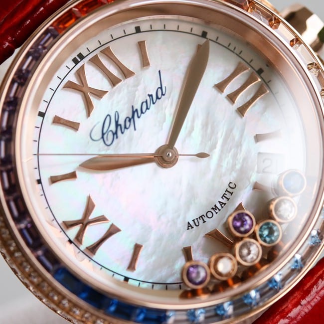 顶级复刻萧邦高仿chopard Happy Sport系列女士粉盘粉带自动机械皮带手表正面图