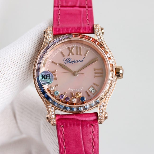 顶级复刻萧邦高仿chopard Happy Sport系列女士粉盘粉带自动机械皮带手表正面图