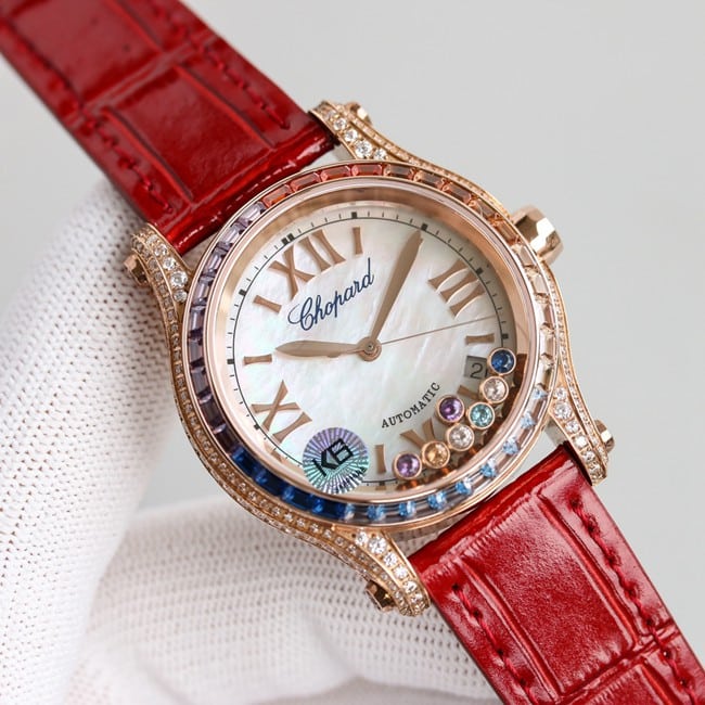 顶级复刻萧邦高仿chopard Happy Sport系列女士粉盘粉带自动机械皮带手表正面图