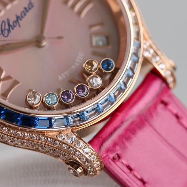 顶级复刻萧邦高仿chopard Happy Sport系列女士粉盘粉带自动机械皮带手表细节图