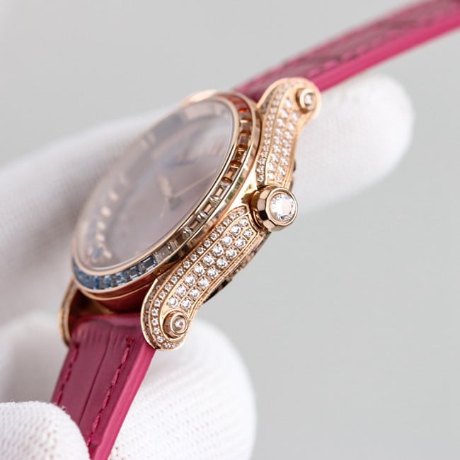 顶级复刻萧邦高仿chopard Happy Sport系列女士粉盘粉带自动机械皮带手表侧面图