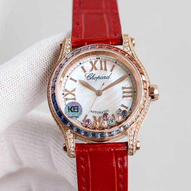 顶级复刻萧邦高仿chopard Happy Sport系列女士粉盘粉带自动机械皮带手表正面图