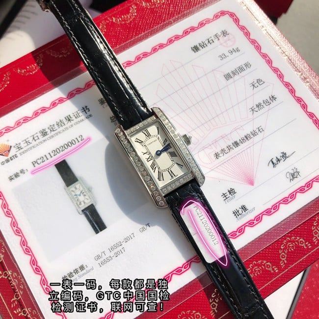 顶级真金真钻复刻卡地亚美国坦克系列黑色珠宝石英女士手表正面图